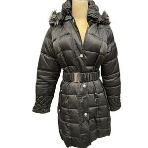 Betsey Johnson Black Down Puffer Coat Faux Fur Hood Belted SZ S PLZ READ FINAL!